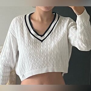 White V-Neck Cable Knit Sweater